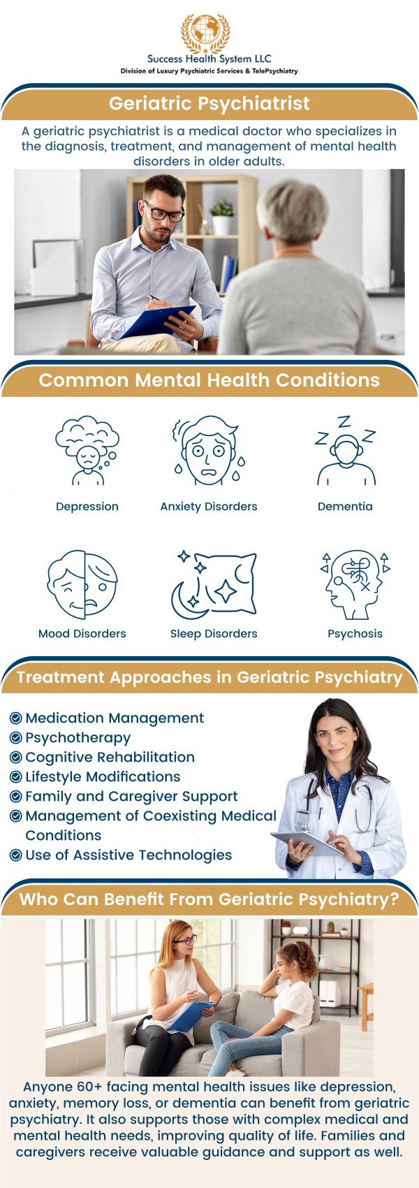 At Success Health System, our geriatric psychiatrist, Dr. Moses Tabe, provides specialized care for the unique mental health needs of older adults. Board-certified and highly experienced, Dr. Tabe is dedicated to helping seniors navigate the complexities of aging with compassion and expertise. Whether addressing depression, anxiety, memory concerns, or other mental health challenges, Dr. Tabe creates personalized treatment plans that enhance quality of life and promote overall well-being in the golden years. Contact us today or schedule an appointment online. We have convenient locations to serve you in Creve Coeur MO, Independence MO, and Columbia MO.