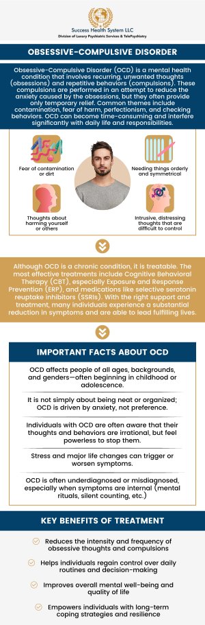 Obsessive-Compulsive Disorder (OCD) is a mental health condition characterized by intrusive thoughts (obsessions) and repetitive behaviors (compulsions) performed to alleviate anxiety. These compulsions can interfere with daily life, leading to significant distress. At Success Health System LLC, our board-certified psychiatrist and mental health specialist, Dr. Moses Tabe Ambilichu, M.D., provides comprehensive, expert care to help manage symptoms and improve quality of life. Contact us to schedule an appointment online. We have convenient locations to serve you in Creve Coeur MO, Independence MO, and Columbia MO.