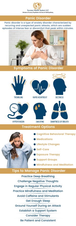 Panic disorder is characterized by recurrent and unexpected panic attacks that occur without warning. The exact cause is unknown, but factors such as genetics, stress, and imbalances in brain chemistry may contribute. Common symptoms include rapid heartbeat, chest pain, dizziness, shortness of breath, and a sense of impending doom during an attack. At Success Health System LLC we will work with you to help you overcome your panic disorder and allow you to fully enjoy life once more. Board-certified Dr. Moses Tabe Ambilichu M.D. provides comprehensive and specialized care. Contact us today for more information or schedule an appointment online. We have convenient locations to serve you in Creve Coeur MO, Independence MO and Columbia MO.