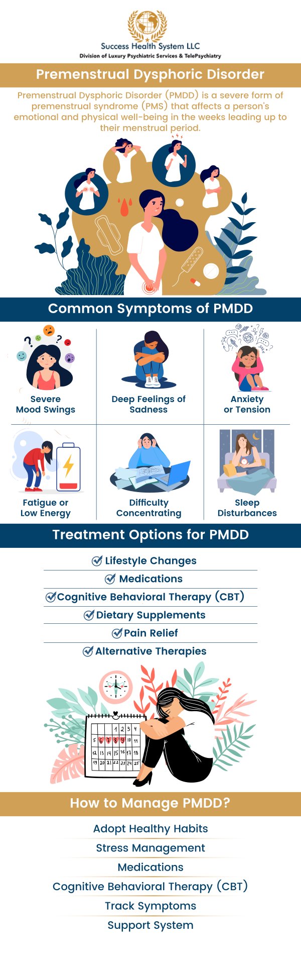 Premenstrual dysphoric disorder (PMDD) is a severe chronic condition capable of causing a wide range of symptoms. Therapy, such as cognitive-behavioral therapy, can help individuals effectively cope with many of the psychological symptoms associated with PMDD, including anxiety, depression, mood changes, pain, and more. Premenstrual dysphoric disorder treatment is available at Success Health System LLC from board-certified psychiatrist and mental health specialist Dr. Moses Tabe Ambilichu, M.D. For more information, contact us now or request an appointment online today. We have convenient locations to serve you in Creve Coeur MO, Independence MO, and Columbia MO.