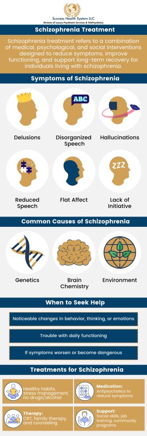 Schizophrenia is a severe mental disorder that affects how a person thinks, feels, and behaves. Individuals with schizophrenia may experience symptoms like hallucinations, delusions, and disorganized thinking, often making it difficult to distinguish between reality and imagination. If you or a loved one have been diagnosed with, or are exhibiting symptoms of, schizophrenia contact Success Health System LLC today to talk to our board-certified psychiatrist and mental health specialist Dr. Moses Tabe Ambilichu M.D. today. Contact us today for more information or schedule an appointment online. We have convenient locations to serve you in Creve Coeur MO, Independence MO, and Columbia MO. Schizophrenia is a severe mental disorder that affects how a person thinks, feels, and behaves. Individuals with schizophrenia may experience symptoms like hallucinations, delusions, and disorganized thinking, often making it difficult to distinguish between reality and imagination. If you or a loved one have been diagnosed with, or are exhibiting symptoms of, schizophrenia contact Success Health System LLC today to talk to our board-certified psychiatrist and mental health specialist Dr. Moses Tabe Ambilichu M.D. today. Contact us today for more information or schedule an appointment online. We have convenient locations to serve you in Creve Coeur MO, Independence MO, and Columbia MO.