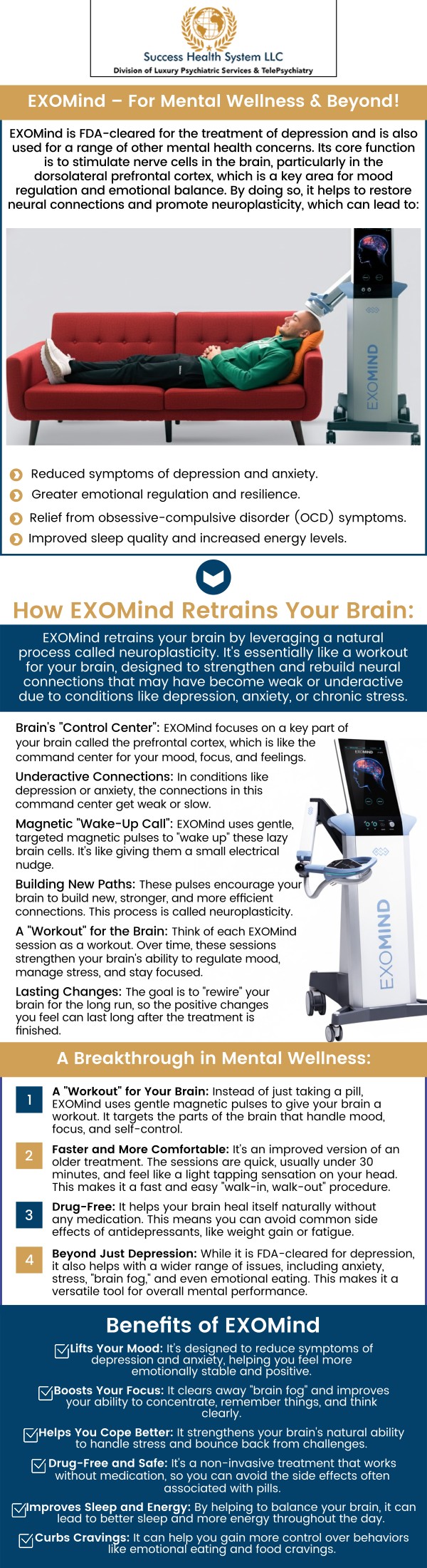 Common questions asked by patients: What is Exomind TMS Therapy and how does it work? How is Exomind different from traditional TMS treatment? Who is a good candidate for Exomind TMS Therapy? What mental health conditions can Exomind TMS help treat? At Success Health System LLC, Dr. Moses Tabe Ambilichu, MD, offers Exomind TMS Therapy to support mental wellness and mood balance. This advanced, non-invasive treatment helps stimulate brain activity to relieve symptoms of depression. Contact us for more information or schedule an appointment online. We are conveniently located at 3600 I-70 Dr SE- Ste C, Columbia, MO, 65201. We serve patients from Columbia MO, Shaw MO, Harg MO, Deer Park MO, Midway MO, Thornbrook MO and surrounding areas. Common questions asked by patients: What is Exomind TMS Therapy and how does it work? How is Exomind different from traditional TMS treatment? Who is a good candidate for Exomind TMS Therapy? What mental health conditions can Exomind TMS help treat? At Success Health System LLC, Dr. Moses Tabe Ambilichu, MD, offers Exomind TMS Therapy to support mental wellness and mood balance. This advanced, non-invasive treatment helps stimulate brain activity to relieve symptoms of depression. Contact us for more information or schedule an appointment online. We are conveniently located at 3600 I-70 Dr SE- Ste C, Columbia, MO, 65201. We serve patients from Columbia MO, Shaw MO, Harg MO, Deer Park MO, Midway MO, Thornbrook MO and surrounding areas.