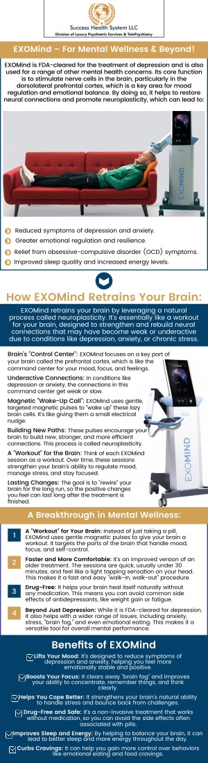 Common questions asked by patients: What is Exomind TMS Therapy and how does it work? How is Exomind different from traditional TMS treatment? Who is a good candidate for Exomind TMS Therapy? What mental health conditions can Exomind TMS help treat? At Success Health System LLC, Dr. Moses Tabe Ambilichu, MD, offers Exomind TMS Therapy to support mental wellness and mood balance. This advanced, non-invasive treatment helps stimulate brain activity to relieve symptoms of depression. Contact us for more information or schedule an appointment online. We are conveniently located at 3600 I-70 Dr SE- Ste C, Columbia, MO, 65201. We serve patients from Columbia MO, Shaw MO, Harg MO, Deer Park MO, Midway MO, Thornbrook MO and surrounding areas. Common questions asked by patients: What is Exomind TMS Therapy and how does it work? How is Exomind different from traditional TMS treatment? Who is a good candidate for Exomind TMS Therapy? What mental health conditions can Exomind TMS help treat? At Success Health System LLC, Dr. Moses Tabe Ambilichu, MD, offers Exomind TMS Therapy to support mental wellness and mood balance. This advanced, non-invasive treatment helps stimulate brain activity to relieve symptoms of depression. Contact us for more information or schedule an appointment online. We are conveniently located at 3600 I-70 Dr SE- Ste C, Columbia, MO, 65201. We serve patients from Columbia MO, Shaw MO, Harg MO, Deer Park MO, Midway MO, Thornbrook MO and surrounding areas.